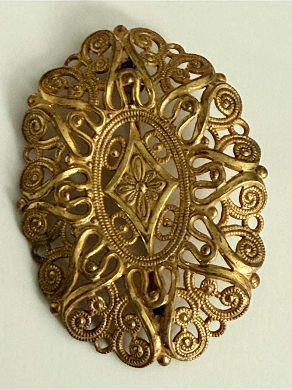 Vintage Miriam Haskell antique revival gold tone Filigree Oval Brooch pin